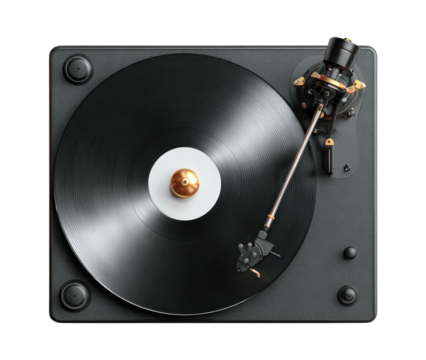 Black vinyl record player, flat lay view isolated