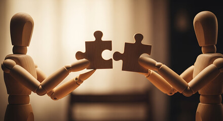Two Wooden Figures Holding Puzzle Pieces Symbolizing Collaboration and Connection in a Softly Lit Environment