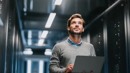 A man stands confidently in a server room holding a laptop and looking up symbolizing IT management and cloud infrastructure - Powered by Adobe