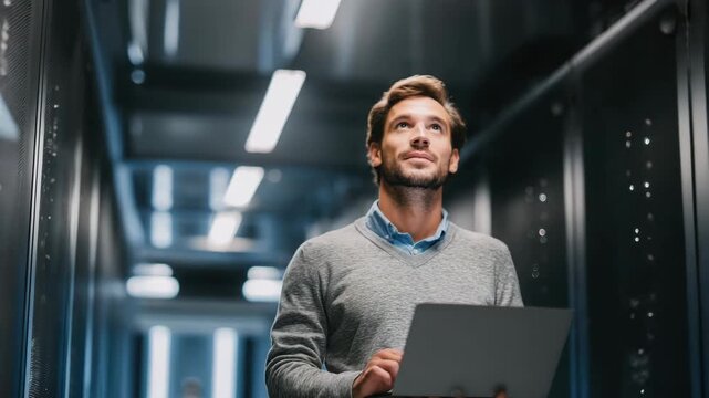 A man stands confidently in a server room holding a laptop and looking up symbolizing IT management and cloud infrastructure