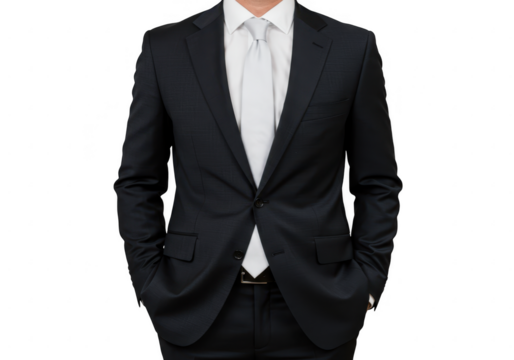 Man in black suit and white tie isolated on transparent background - Powered by Adobe