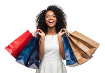 Happy woman holding shopping bags portrait isolated on transparent background