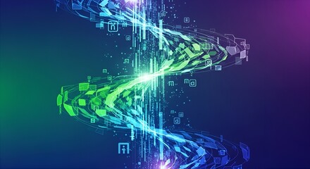 Abstract swirling digital data stream, vibrant colors, glowing energy, technological concept.