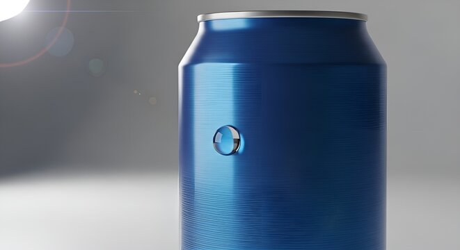 Close-up of a blue aluminum can with a single water droplet clinging to its side, against a blurred grey background. - Powered by Adobe