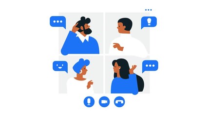 A video call interface shows four people with various thought bubbles. An illustration of online meetings, virtual collaboration, and remote work. - Powered by Adobe