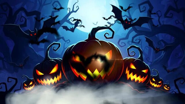 Halloween Pumpkins in a Dark Forest with Bats Under a Full Moon Creating an Atmosphere of Spookiness and Fear in an Illustration Design