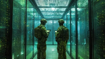 Two soldiers stand in a high-tech server room with glowing green lights examining data on their tablets symbolizing cyber defense - Powered by Adobe