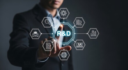 Businessman touching R& D icon with research and development related icons Keywords: R& D