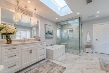 Luxurious, bright bathroom with a modern design.  Large, white vanity with marble countertop and glass shower enclosure.  Skylight illuminates the space