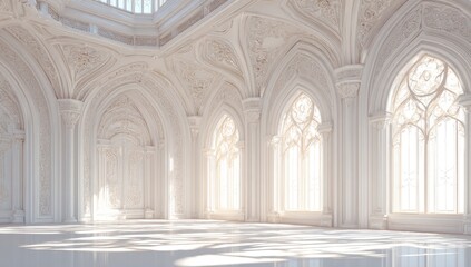 Fototapeta premium Grand, white, ornate hall with arched windows. Sunlight streams in