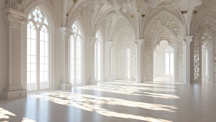 Grand, sunlit white hall with arched windows and intricate carvings