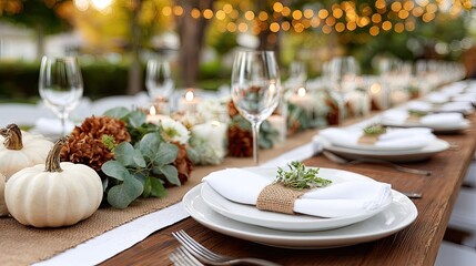 Charming autumn wedding table setting showcases pumpkins, candles, and wine glasses, creating a cozy, inviting atmosphere for guests