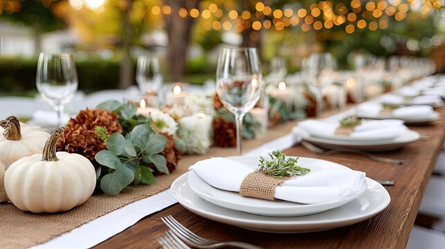Charming autumn wedding table setting showcases pumpkins, candles, and wine glasses, creating a cozy, inviting atmosphere for guests