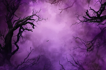 Night scene with a purple sky and leafless trees in a Halloween theme background