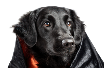 Zoomed-in a black dog's face and neck covered with a black cloth isolated