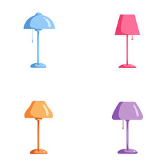 Four colorful, cartoon-style table lamps with different shades of blue, pink, orange, and purple, isolated on a white background.