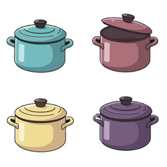 Four colorful cartoon-style cooking pots with lids, displayed in a grid pattern.