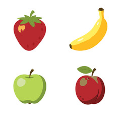 Cartoon illustration of four common fruits: a strawberry, banana, green apple, and a red apple.