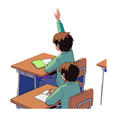 Two students seated at desks, one raising a hand in class, back view.
