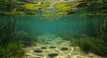 Sunlit Underwater Passage Beneath a Canopy of Lily Pads