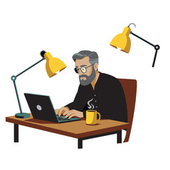 Bearded man works intently on laptop at desk, illuminated by lamps, enjoying a warm drink.