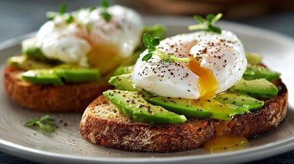 Gourmet Poached Eggs on Avocado Toast in Kitchen Setting