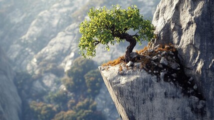 Obraz premium Lone Tree Grows on Cliff Edge Overlooking Valley with Resilience and Survival Theme.