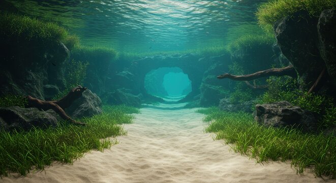 Serene Underwater Landscape: Sandy Path Leading to a Mysterious Cave, Lush Aquatic Vegetation - Powered by Adobe