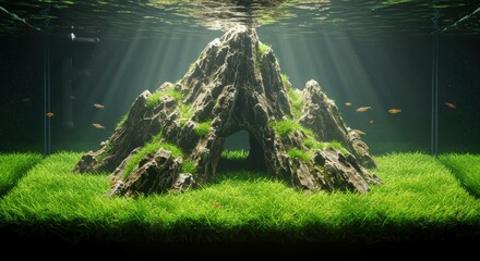 Underwater Aquascape: Serene Mountain Peak with Lush Grass and Fish