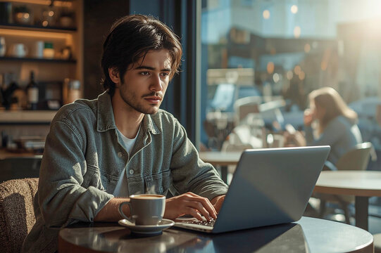 A smiling businessman work on their laptops and a tablet in a busy, modern cafe
