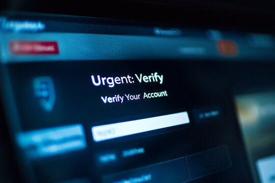 A digital inbox shows an urgent notification to verify an online account. This image is a powerful visual for a phishing scam or a fake email, highlighting the dangers of digital fraud