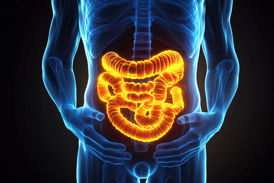 A detailed depiction of the human anatomy highlighting the entire gastrointestinal tract, from stomach to gut. digestive system and overall health of a man body
