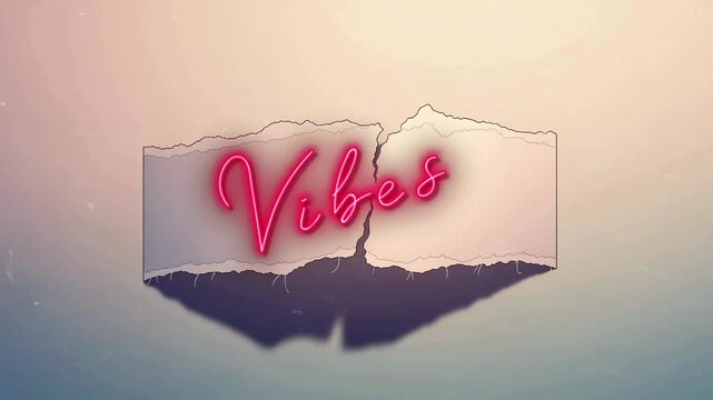 Glowing Vibes Neon Sign on Torn Paper with Music Notes in Soft Pastel Tones Animated Graphic Art