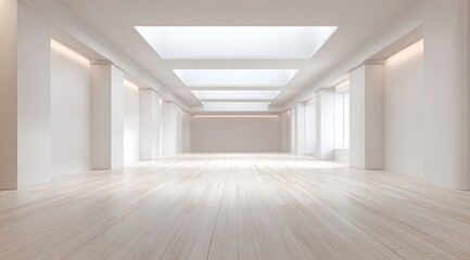 Empty white room with light wood floor and skylights