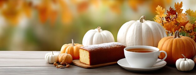 Beautifully arranged table featuring pumpkin cake, tea, and milk jar, set in a vibrant garden filled with autumn colors and decorations