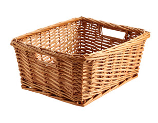 Shallow Rectangular Wicker Tray with Crisscross Weave, Side Angle, White Background
