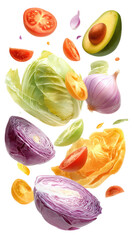 Colorful vegetable slices in mid-air
