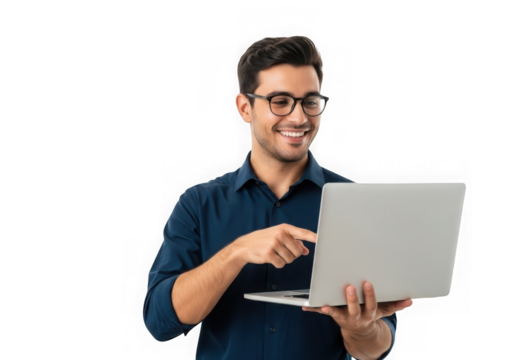 Smiling man holding laptop computer technology device isolated on transparent background - Powered by Adobe