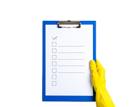 Realistic Blank Checklist on Clipboard Held by Gloved Hand with Cleaning Supplies in Background, Transparent PNG