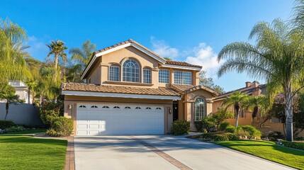 Fototapeta premium Beautiful Suburban Home Stands in Sunny Neighborhood with Lush Landscaping and Palm Trees.
