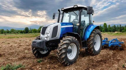 Obraz premium A blue tractor works diligently to plow a rich field as the sun sets in spring, highlighting the vibrant landscape