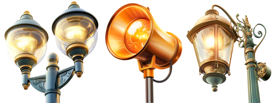 Set of collection of vintage and modern street lamps in various artistic styles and metallic finishes, isolated on transparent background