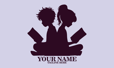 Reading book icon. boy and girl reading book silhouette vector illustration and reading book logo art