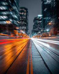 Obraz premium Cars race on a wet street, colorful lights reflecting on the pavement beneath a skyline of skyscrapers