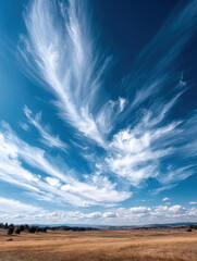 Waves of wispy clouds gracefully drift across a bright blue sky over expansive grasslands during midday