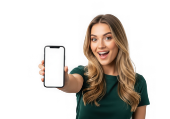 Excited woman holding mobile phone with blank screen isolated on transparent background