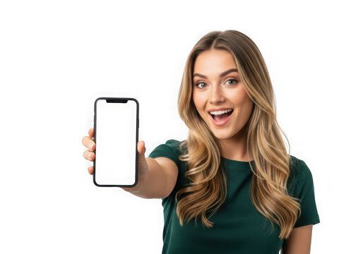 Excited woman holding mobile phone with blank screen isolated on transparent background