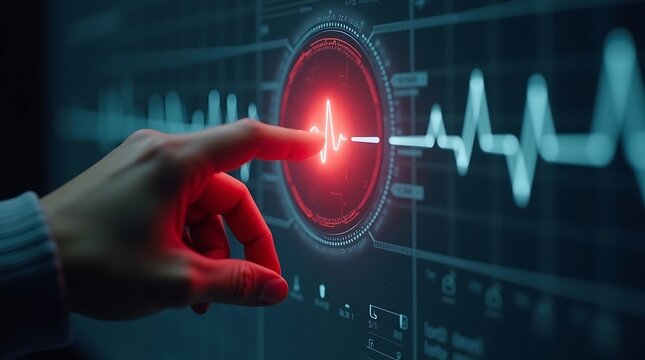 Finger touching a glowing heart rate monitor icon on a dark background