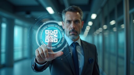 A businessman in a dark grey suit and dark tie, subtly lit from the front, interacts with a futuristic, translucent holographic QR code