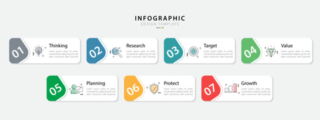  Business infographic template. 7 Step timeline journey. Process diagram, 7 options on white background, Infograph elements, technology, education, modern vector illustration.
